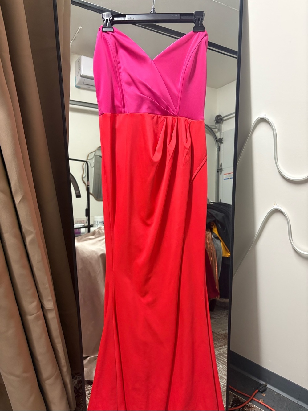 Fashion Nova Strapless Colorblock Gown - Hot Pink & Red